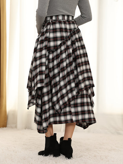 Victorian Gothic Handmade Fringe Plaid Skirt 2025 | Asymmetric Ruffle High-Waist Beach Skirt | Elastic Waist Multi-Layer Vacation Dress | Spring Summer Sweet Style Ladies Gift