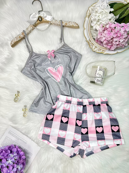 New Spring/Summer Color-Block Bow Spliced Adjustable Strap Plaid Heart Print Elastic Waist Casual Loungewear Pajama Set, Comfortable Fabric with a Soft Touch