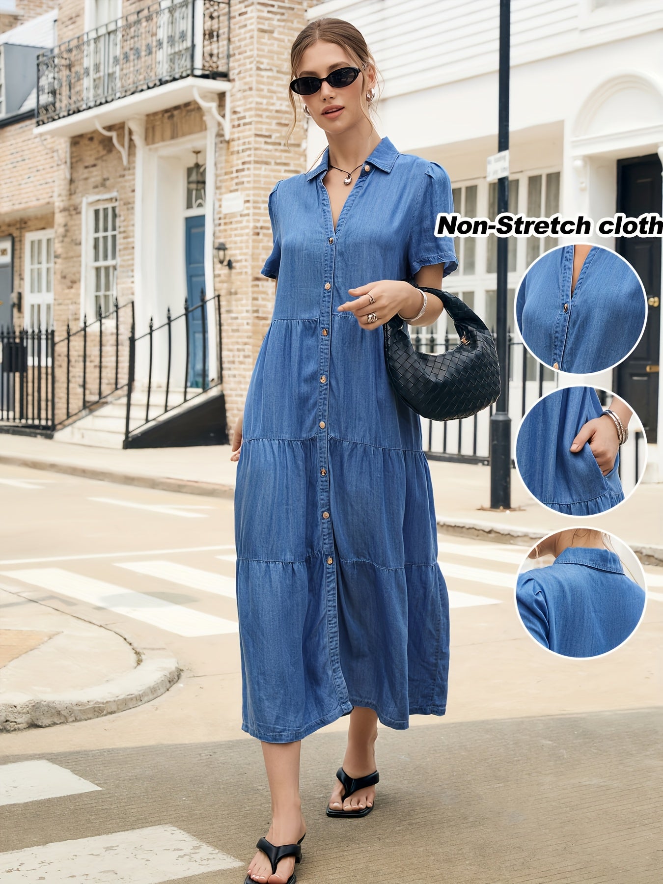 Women'S Light Blue Lyocell Denim Dress - Elegant V-Neck Short Sleeve Multi-Tiered Ruffled Hem Casual Vacation Dress, Machine Washable Regular Fit All-Season Wear