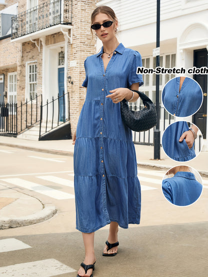 Women'S Light Blue Lyocell Denim Dress - Elegant V-Neck Short Sleeve Multi-Tiered Ruffled Hem Casual Vacation Dress, Machine Washable Regular Fit All-Season Wear