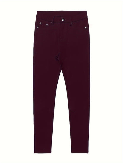 Women's High-Waisted Stretch Street Style Solid Black Skinny Fashion Metal Button Detail Casual Jeans