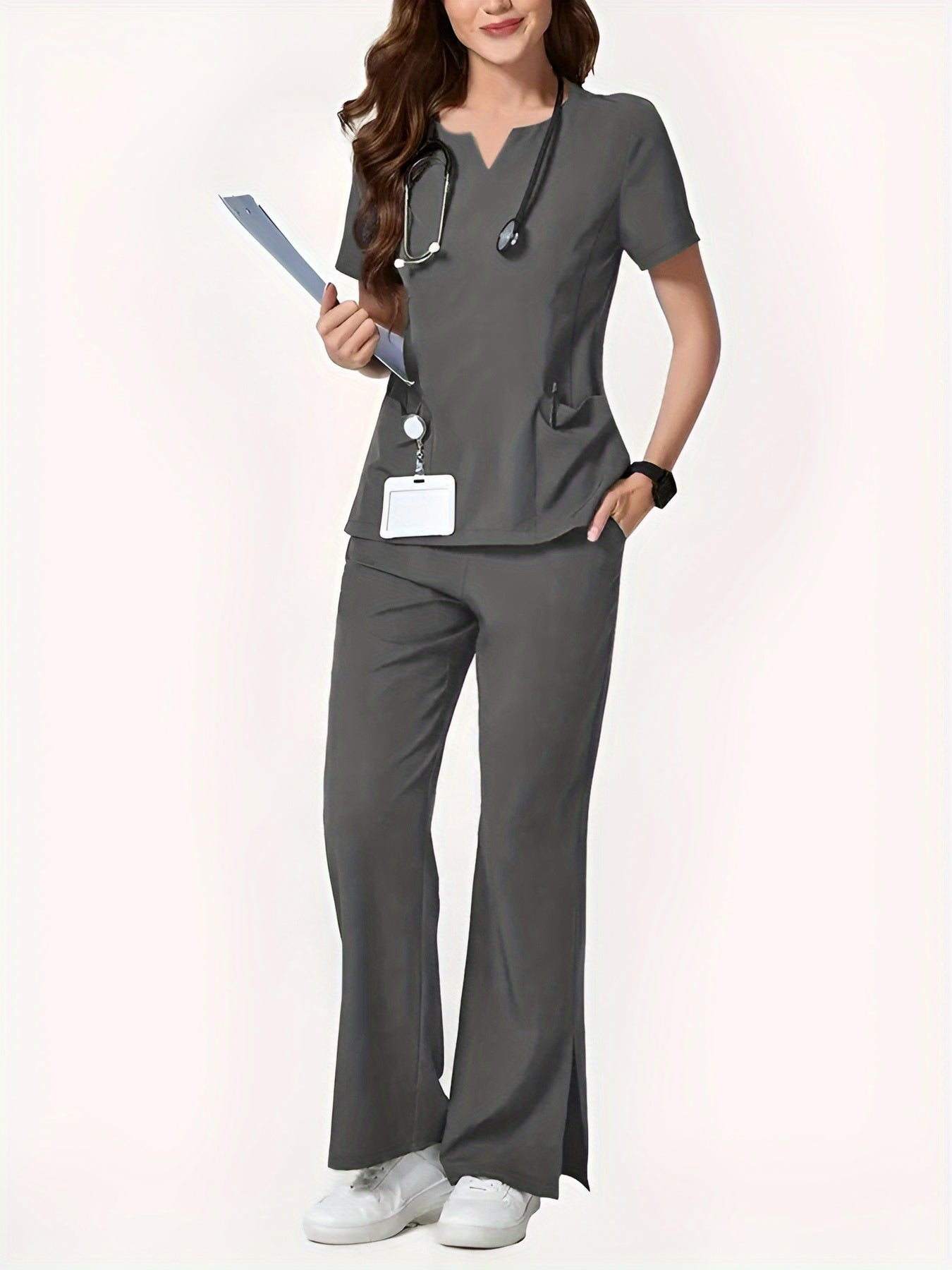 Two-Piece Easy And Comfortable Breathable Brushing Gloves Set for Work Uniforms, V-Neck Short-Sleeved Front-Pocket Comfortable Top And Slit Straight-Leg Trousers, All-Season Wear, Perfect for Healthcare, Dental, And Pet Hospital Professionals