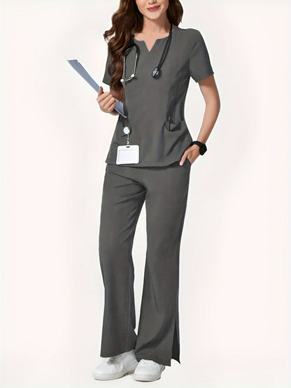 Two-Piece Easy And Comfortable Breathable Brushing Gloves Set for Work Uniforms, V-Neck Short-Sleeved Front-Pocket Comfortable Top And Slit Straight-Leg Trousers, All-Season Wear, Perfect for Healthcare, Dental, And Pet Hospital Professionals