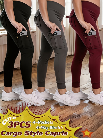 3-Pack High Waisted Cargo Yoga Pants With Slide Pockets - Tummy Control, 4 Pockets, Breathable 4-Way Stretch, Moisture Wicking, Perfect For Running, Gym & Yoga Lovers