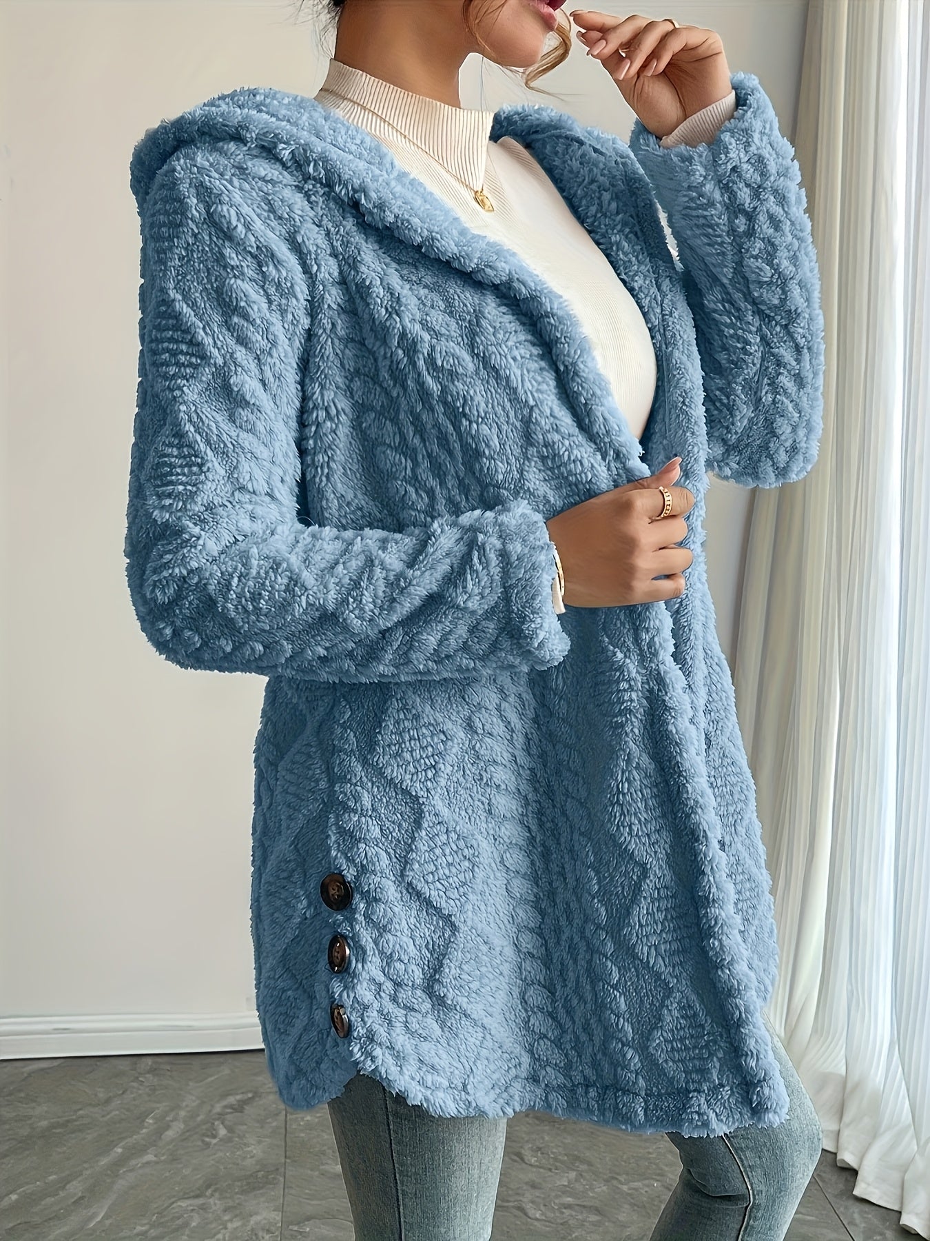 Hooded Fuzzy Coat Mid-Length Jacket with Buttons Soft Warm Winter Fall Outfits 5 Colors