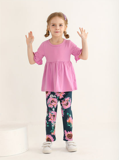 KuKitty Toddler Baby Girl Clothes Solid Color Flared Sleeve Ruffle Tops Sunflower Print Pants Outfits Set, Perfect for Outdoor