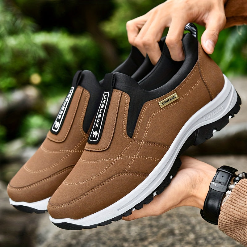 Men's Low-Top Sneakers with Slip- & Letter Print - - Casual Athletic, Upper & Cushioned Insole, Sole for Gym, Office, Casual Attire - Comfortable Round Toe (-Terrain)