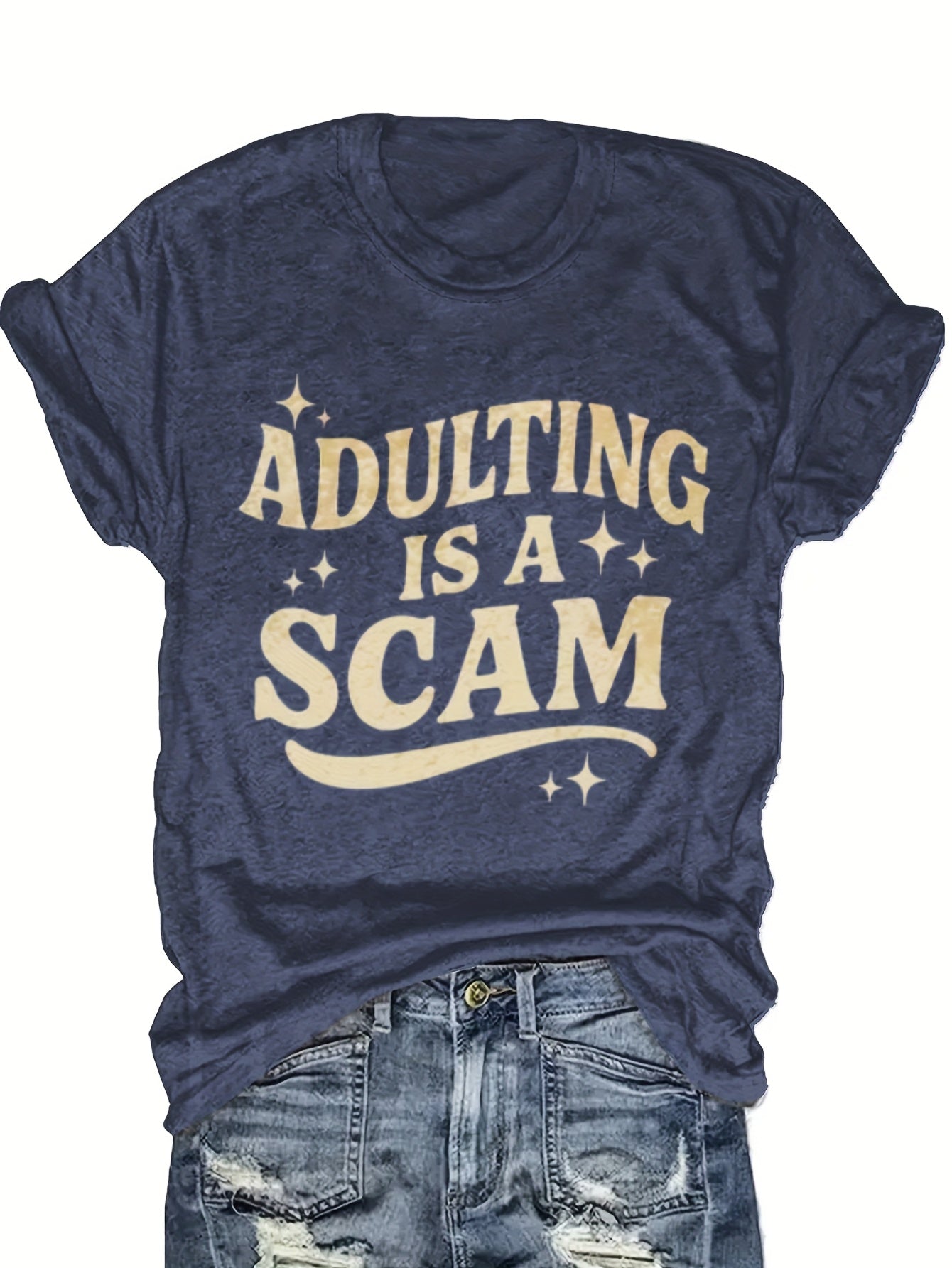 Women's Funny "Blended Adult Is a Scam" T-Shirt - Retro Humorous Slogan Short Sleeve Round Neck Blouse Suitable for Her Gift, Casual Statement Top for Daily Wear & Humor Apparel, Machine Washable Comfortable Everyday Outfits