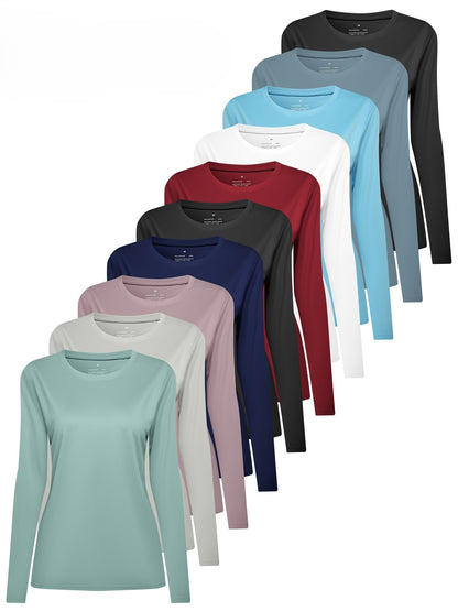 10pcs Set Women'S Casual Sports Long-Sleeve T-Shirts | Soft and Comfortable, Crew Neck, Slight Stretch Fabric, Solid Color, Suitable for All Seasons