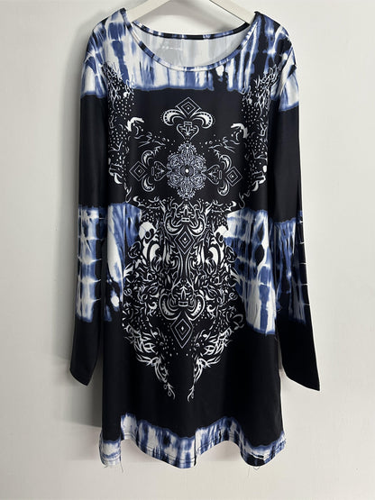 Plus Size, Plus Size Boho Top, Women's Plus Tie Dye Arabesque Print Long Sleeve Round Neck Slight Stretch Tunic Top