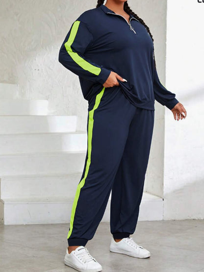 Plus Size, Plus Size Women's Spring And Autumn Contrast Color Casual Suit, Half Zip Pullover Long Sleeve Top And Trousers Two-Piece Set