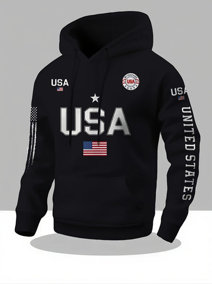 USA Flag Pattern Printed Hoodies, Men's Sweatshirts, United States Letter Printed Casual Knitted Fabric Pullovers for Both Men and Women, Student Couple Outfits, Fashionable Sweatshirts, Autumn and Winter Men's and Women's Sweatshirts