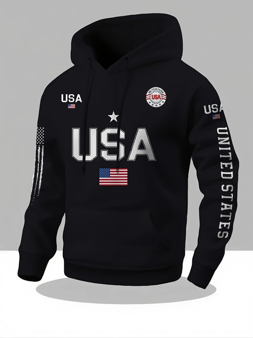 USA Flag Pattern Printed Hoodies, Men's Sweatshirts, United States Letter Printed Casual Knitted Fabric Pullovers for Both Men and Women, Student Couple Outfits, Fashionable Sweatshirts, Autumn and Winter Men's and Women's Sweatshirts