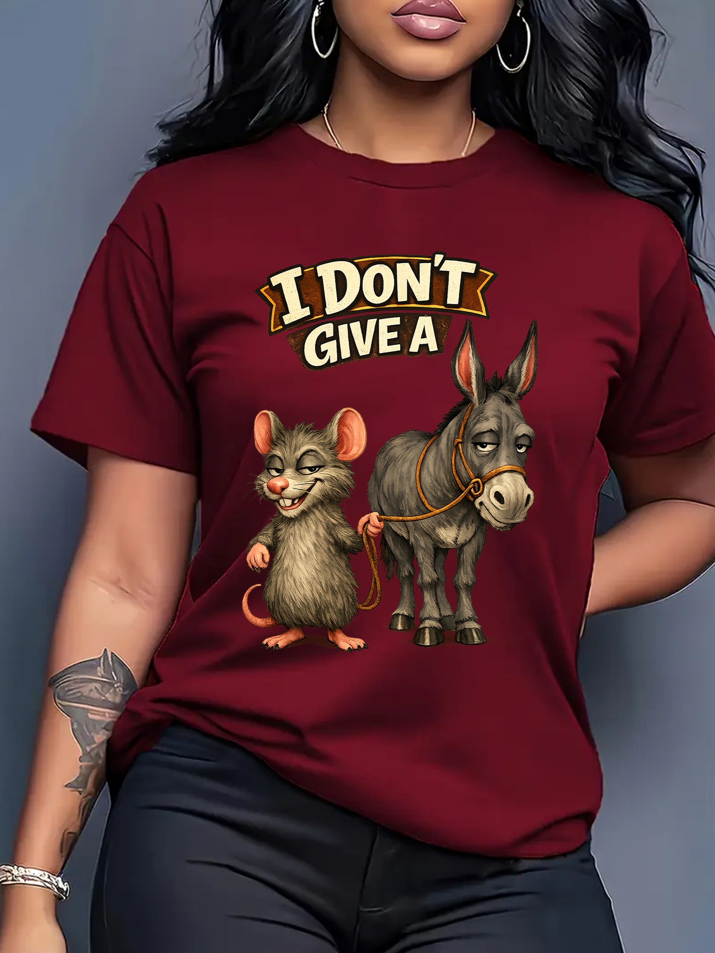 Humorous And Satirical Mouse And Donkey Meme T-Shirt - "I Don'T Care" Design Featuring Donkey And Mouse Characters - Women'S Universal Soft And Breathable Top - Casual Meme T-Shirt for Adult Women