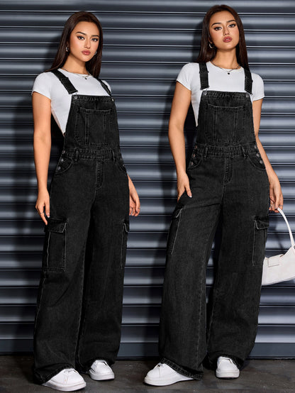 Women'S Denim Wide-Leg Cargo Jumpsuit with a Loose Fit, Baggy Design, And Adjustable Straps