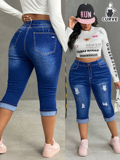 Women'S Plus Size High Waist Distressed Denim Capris, Stretchy Slim Fit Dark Wash Rolled Hem Knee-Length Jeans, Butt Lifting Casual Summer Cropped Pants for Curvy Figures
