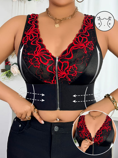 Women's Plus Size Full-Coverage Wire-Free Bra & Shaping Sleeveless Tank Top - Adjustable Zipper Closure, Lace Flower Print, Back-Tightening Shaping Design, Soft Stretch Fabric for Daily Wear & Special Occasions - Lingerie (Hand Washable, No Underwire)