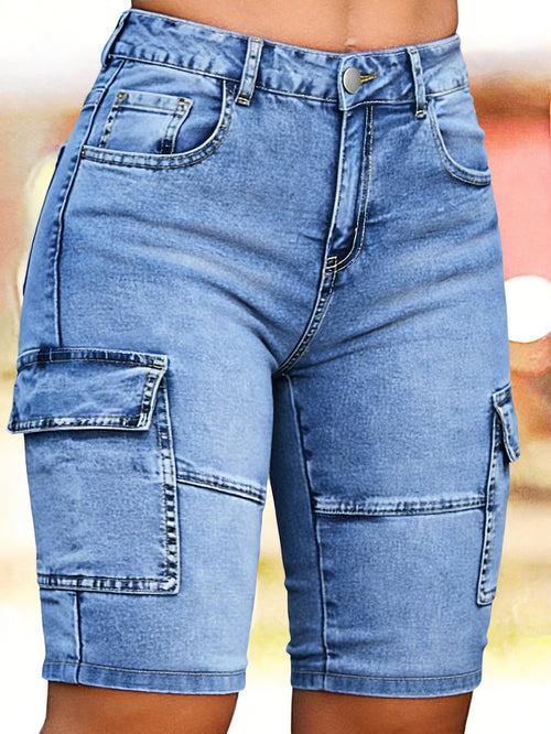 Women'S Multi-Pocket Blue Denim Shorts - Slim Fit with Stretch And Side Pockets, Machine-Washable Comfortable Casual Pants, Suitable for Both Everyday And Formal Outfits, Perfect for Summer Outings