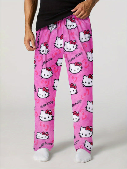 Sanrio Hello Kitty Men's Anime Pajamas - Hello Kitty Face & Iconic Print Flannel Sleepwear, Cozy Winter Lounge Pants, Machine Washable Cartoon Sleepwear for & Men (-)