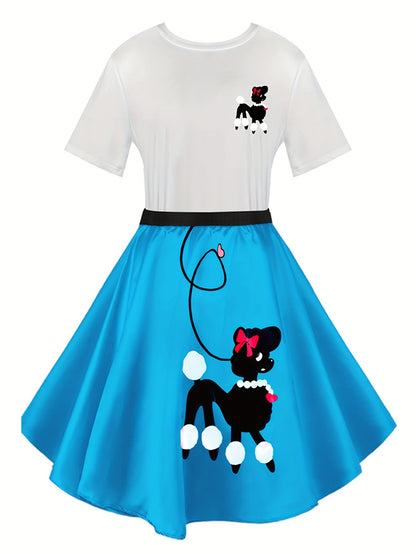 Ladies' Poodle Dress Set Retro Jumping Style 1950S Adult Women'S Halloween Costume T-Shirt Skirt Gloves, Scarf, Glasses, Earrings, Necklace Additions 8pcs Set