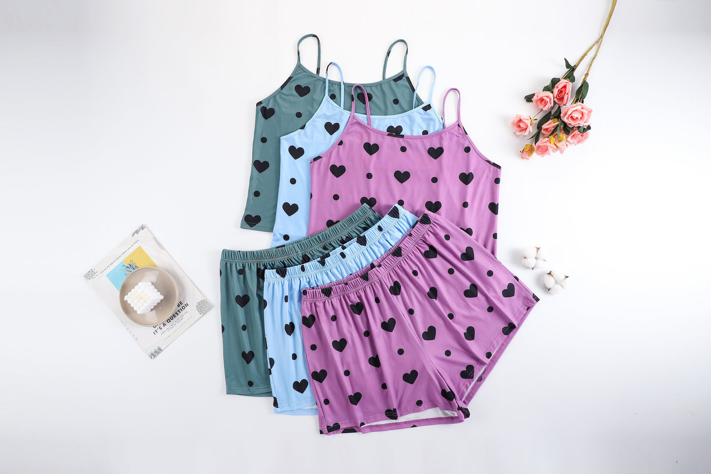 3 Sets Women'S Plus Casual Pajama Set, Plus Size Heart & Polka Dot Print Round Neck Cami Top & Shorts Lounge 6pcs Set