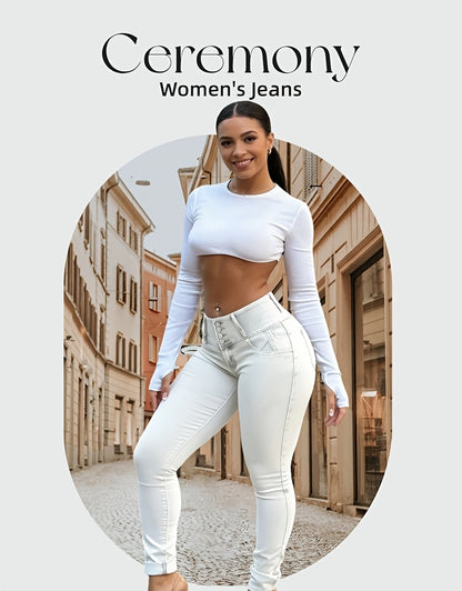 HME-White/Turquoise Midriff-Waisted Denim Pants - Tight-fitting Denim Pants Featuring A Multi-button Midriff Design And Decorative Stitching Pockets. Can Be Paired with High Heels for Dates Or Outings.