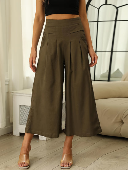 Women' Boho Linen Palazzo Wide Leg Pants - Elastic Capri Trousers with, 7/8 Length Culottes Suitable for Spring Summer Fall, Casual Solid Color Elastic Pants for Outfits & Casual Attire