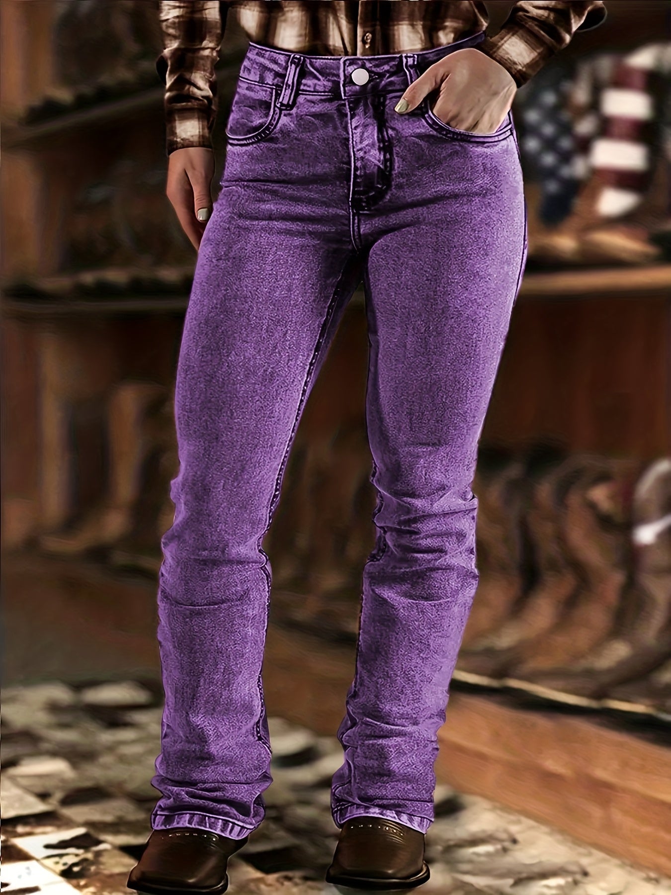 Women'S Purple Skinny Flared Denim Pants: Slim-Fit, Fashionable, Casual, Mid-Rise, Stretchy Denim Trousers
