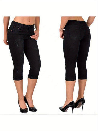 Women's Stretch Skinny Cropped Capri Jeans - Slim-Fit Denim Pants with Comfort Stretch Fabric, Machine Washable & Summer Casual Streetwear Style, Elastic Waist Jeans, Casual Attire, Modern Fashion, Durable Construction, Street Fashion, Western Style, Comf