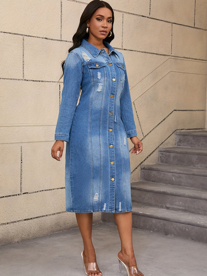 Long Denim Coat with Worn Holes Long Denim Trench Coat for Women