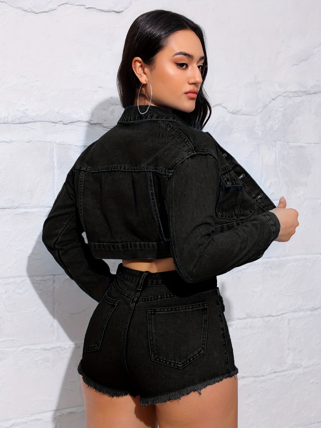 Women's Vintage Washed Denim Jacket - Short Length Drop Shoulder Sleeve Coat with Classic Collar, Casual Spring/Fall Outerwear