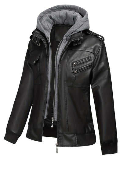 Women'S Faux Leather Jacket Hooded Autumn And Winter Faux Leather Jacket Women'S Faux Leather Jacket