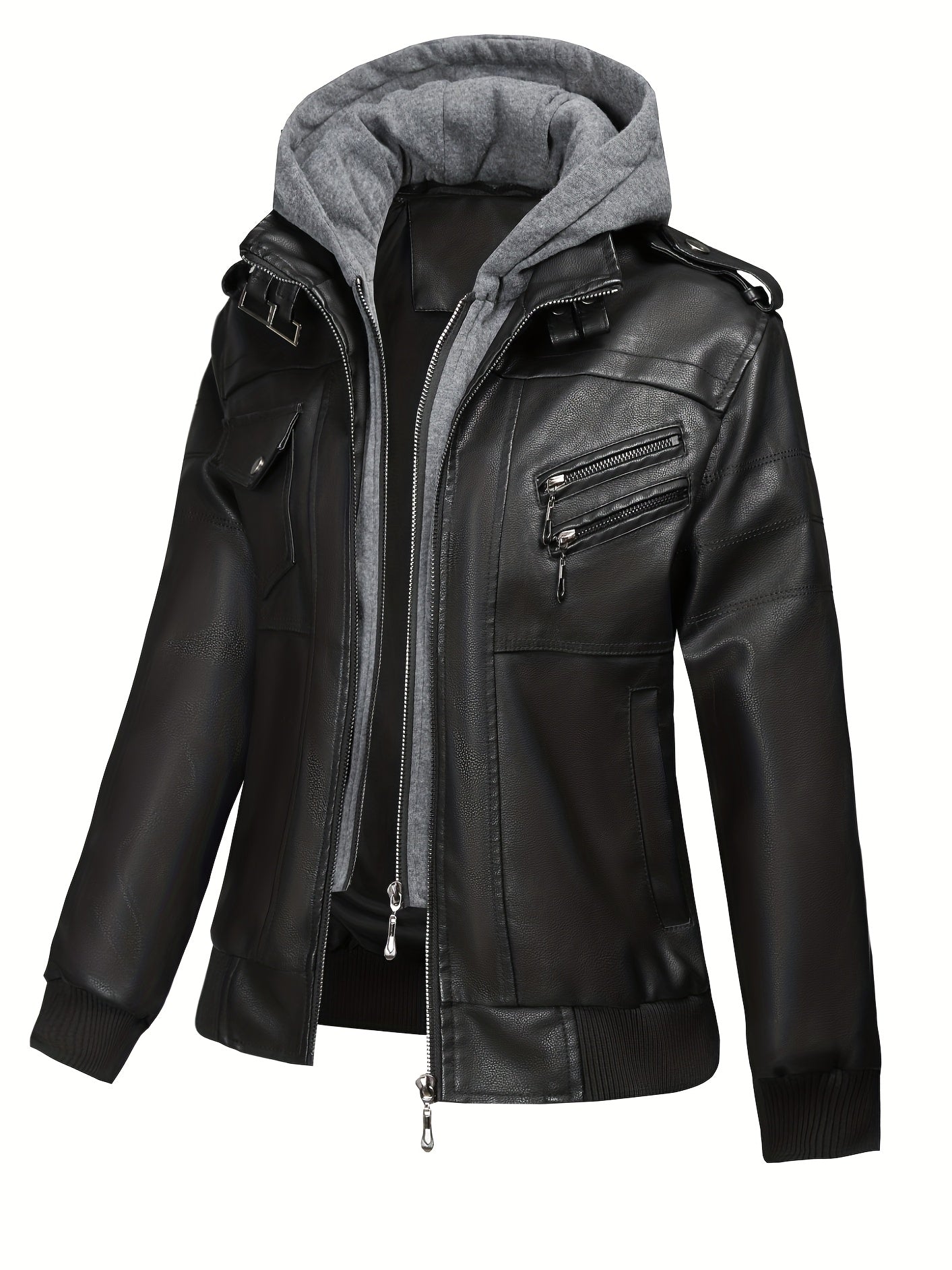 Women'S Faux Leather Jacket Hooded Autumn And Winter Faux Leather Jacket Women'S Faux Leather Jacket
