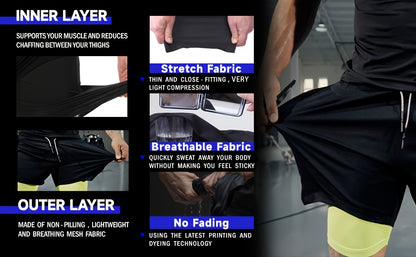 3pcs Men's 2-in-1 Double-layer Shorts with Inner Pocket, High Stretch Sports Shorts, Suitable for Summer Running, Gym Exercise And Training