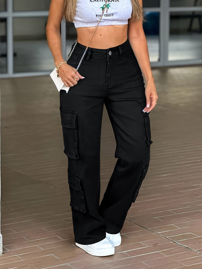 Work Pocket Straight High Waist Straight Jeans, Women's Casual Style Multi-pocket Work Jeans with Stretch And Comfort Heavy Wash Women's Jeans And Clothing