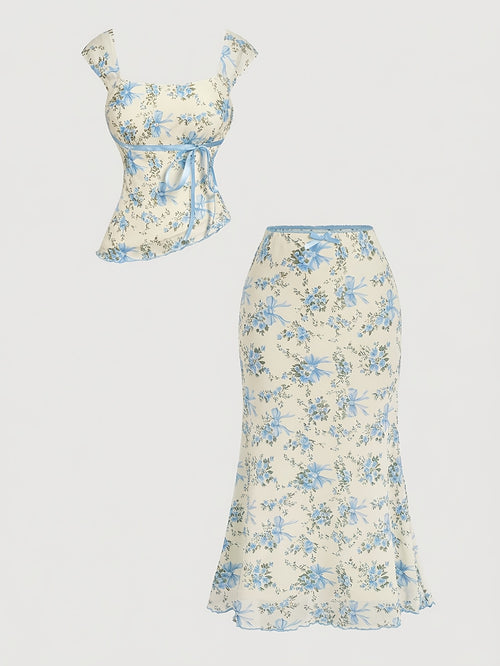 2pcs Women'S Square Neck Sleeveless Top And High-Waist Maxi Skirt Set Spring/Summer Style | Floral Print And Tie Trim Mermaid Hem Design, Gentle Vibe Ideal for Dates And Semi-Formal Occasions