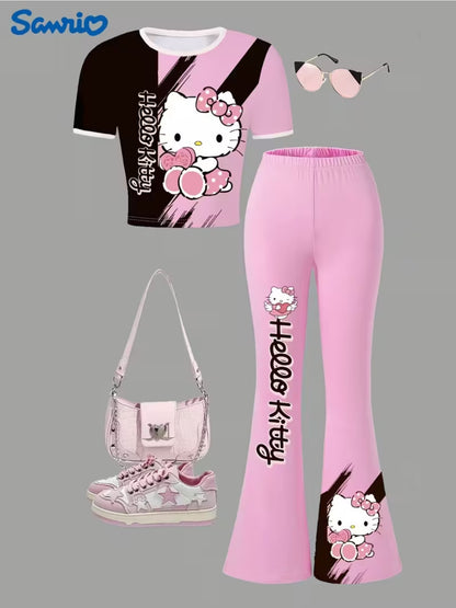 Sanrio-Licensed Hello Kitty for My Melody Keroppi Pachadog Girls' Short-Sleeved Top And Pants Set, Featuring a Cute Hello Kitty Printed T-Shirt And Flare Pants, Perfect for Daily Wear And Outdoor Activities, for Outdoor