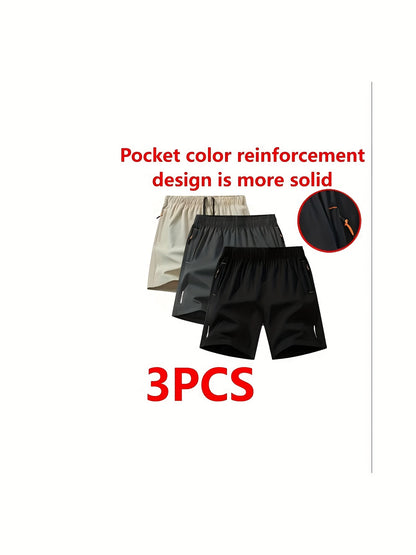3 PCS Men's Stylish Athletic Shorts, Black Drawstring Design, Zipper Pockets, （Includes wristband）Ideal for Summer Workouts and Outdoor Activities, Plus Size Shorts