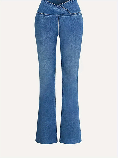 Women's High-Waisted Stretch Jeans - Wide-Leg Bell-Bottom Flared Pants with Cross-Waist , -Like Rayon//Spandex (75/23/2%), All-Season Casual to Dressy Wear, Wrinkle-Resistant Trousers