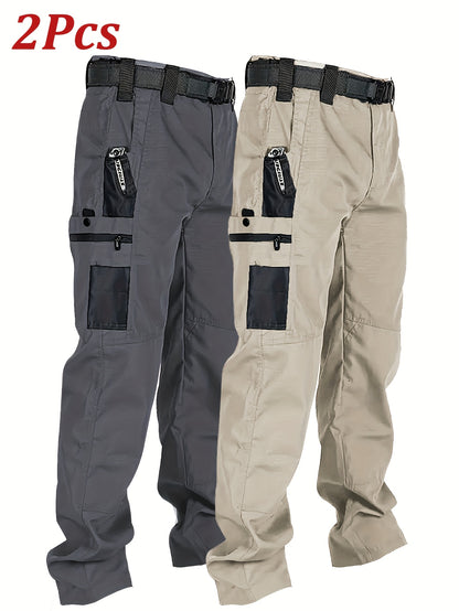 2pcs Set, Men'S Outdoor Cargo Pants, Multi-Functional Pockets, Lightweight, Ripstop, Durable Work Pants, for Camping Hiking Fishing, Suitable for Spring Summer And Autumn Seasons