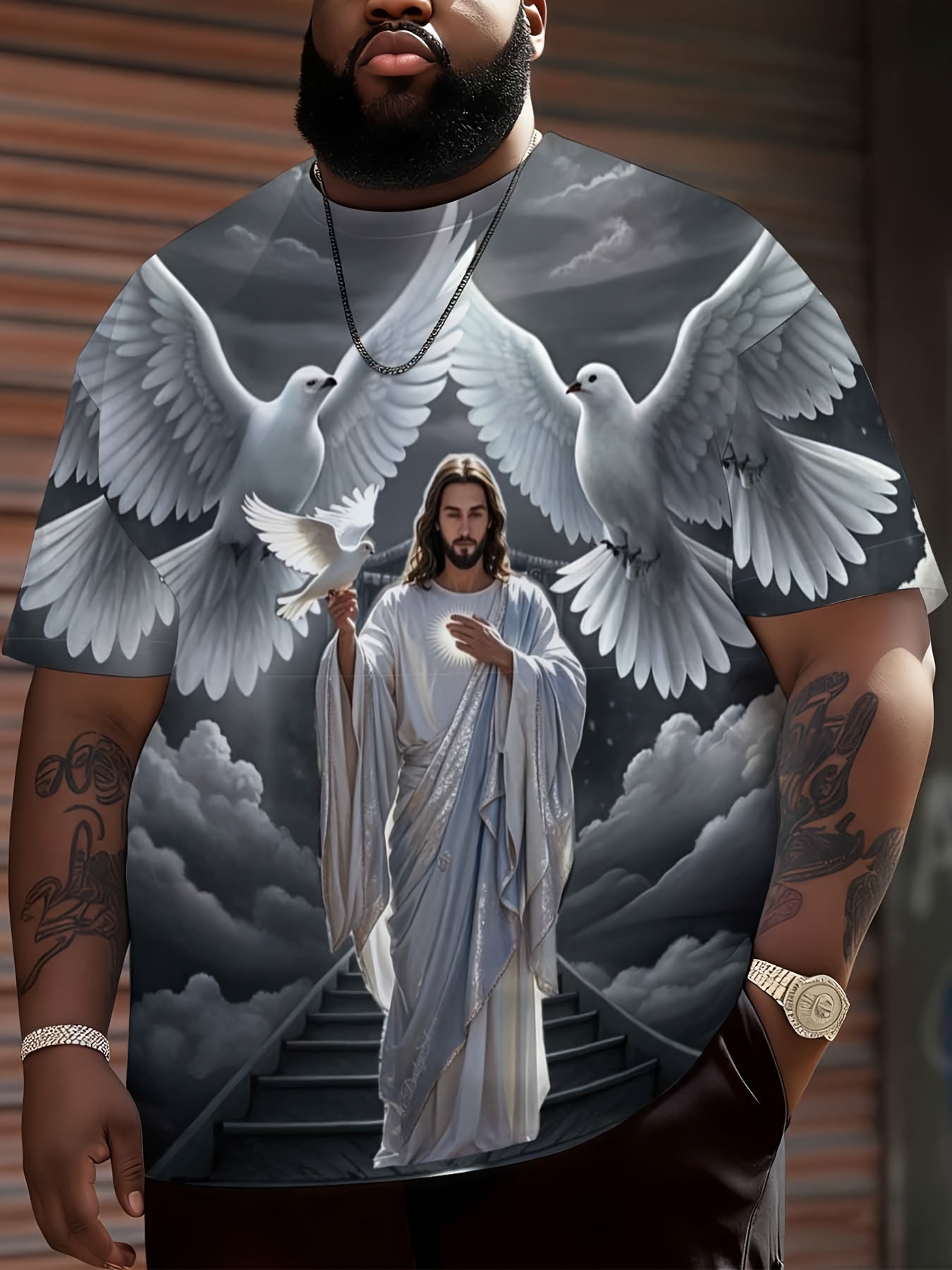 Jesus Christ With Doves And Heavenly Stairs Religious Christian T-Shirt For Men Full Print Design Faith Inspired Apparel, Plus Size