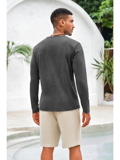 Men'S Distressed Henley Shirts with Front Placket, Retro Long Sleeve T-Shirts, Casual Button- Washed T-Shirts for Men