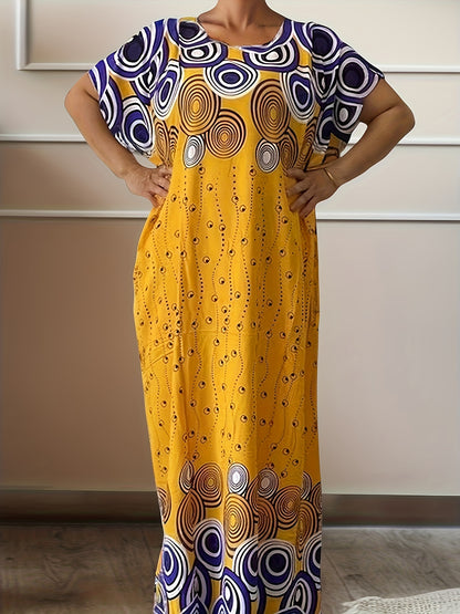 Geo Print Boat Neck Loose Dress, Elegant Batwing Sleeve Maxi Cover Up Dress, Women'S Clothing