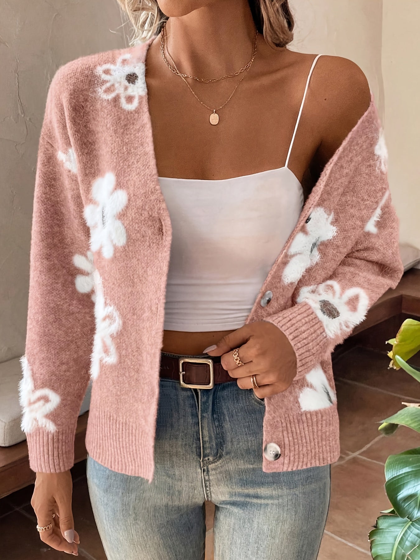 Women's Printed Button Cardigan V-neck Drooping Shoulder Coat