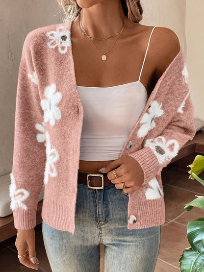 Women's Printed Button Cardigan V-neck Drooping Shoulder Coat