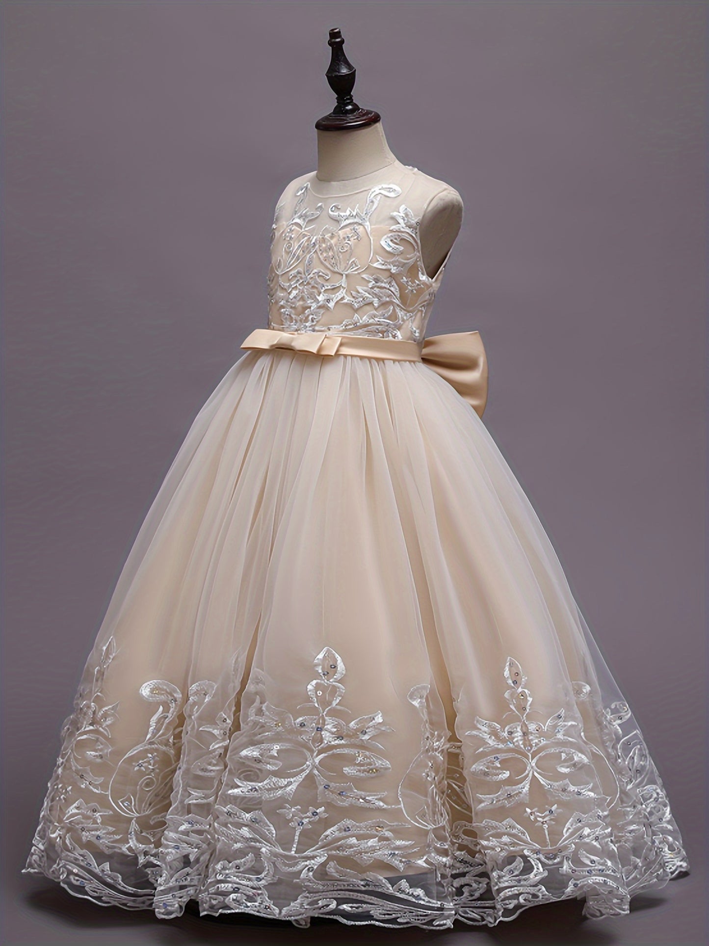 Flower Girl Lace Dress for Kids Wedding Bridesmaid Pageant Party Formal Long Gown Princess Communion Tulle Bow Dresses