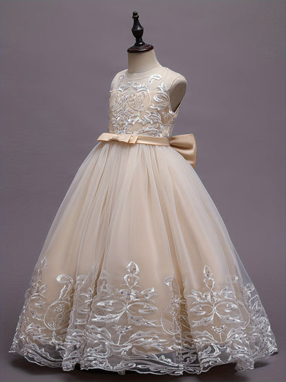 Flower Girl Lace Dress for Kids Wedding Bridesmaid Pageant Party Formal Long Gown Princess Communion Tulle Bow Dresses