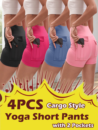 2026 High Stretch Elastic Waist Cargo Shorts Women's Shaping Hip Lifting Quick-Drying Fitness Pants with 2 Pockets 4pcs 2pcs Solid Color Yoga Short Pants Set Game Day Fan Gear for Soccer All Fans