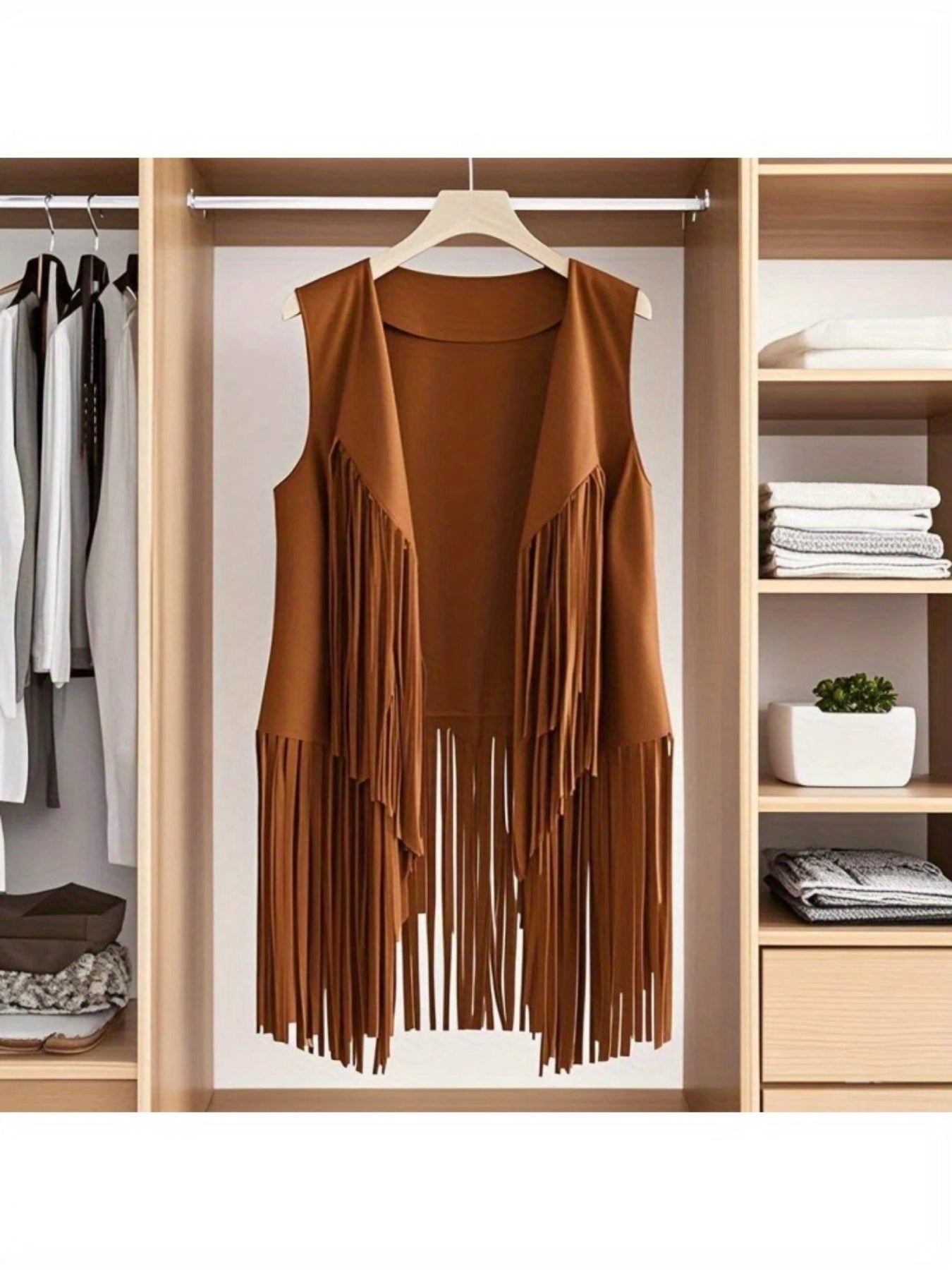 Women' Faux Suede Fringe Vest with Tassels - Western Cowgirl Jacket, Soft Flip-Collar Sleeveless Waistcoat Coat for All-Season Wear, Casual Outfits & Themed Events (Medieval Renaissance Fair) - Solid Color Plain Matching Outerwear