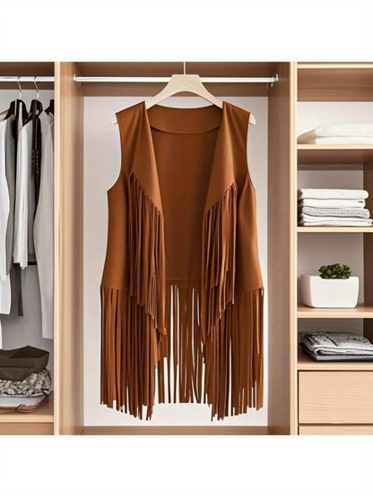 Women' Faux Suede Fringe Vest with Tassels - Western Cowgirl Jacket, Soft Flip-Collar Sleeveless Waistcoat Coat for All-Season Wear, Casual Outfits & Themed Events (Medieval Renaissance Fair) - Solid Color Plain Matching Outerwear